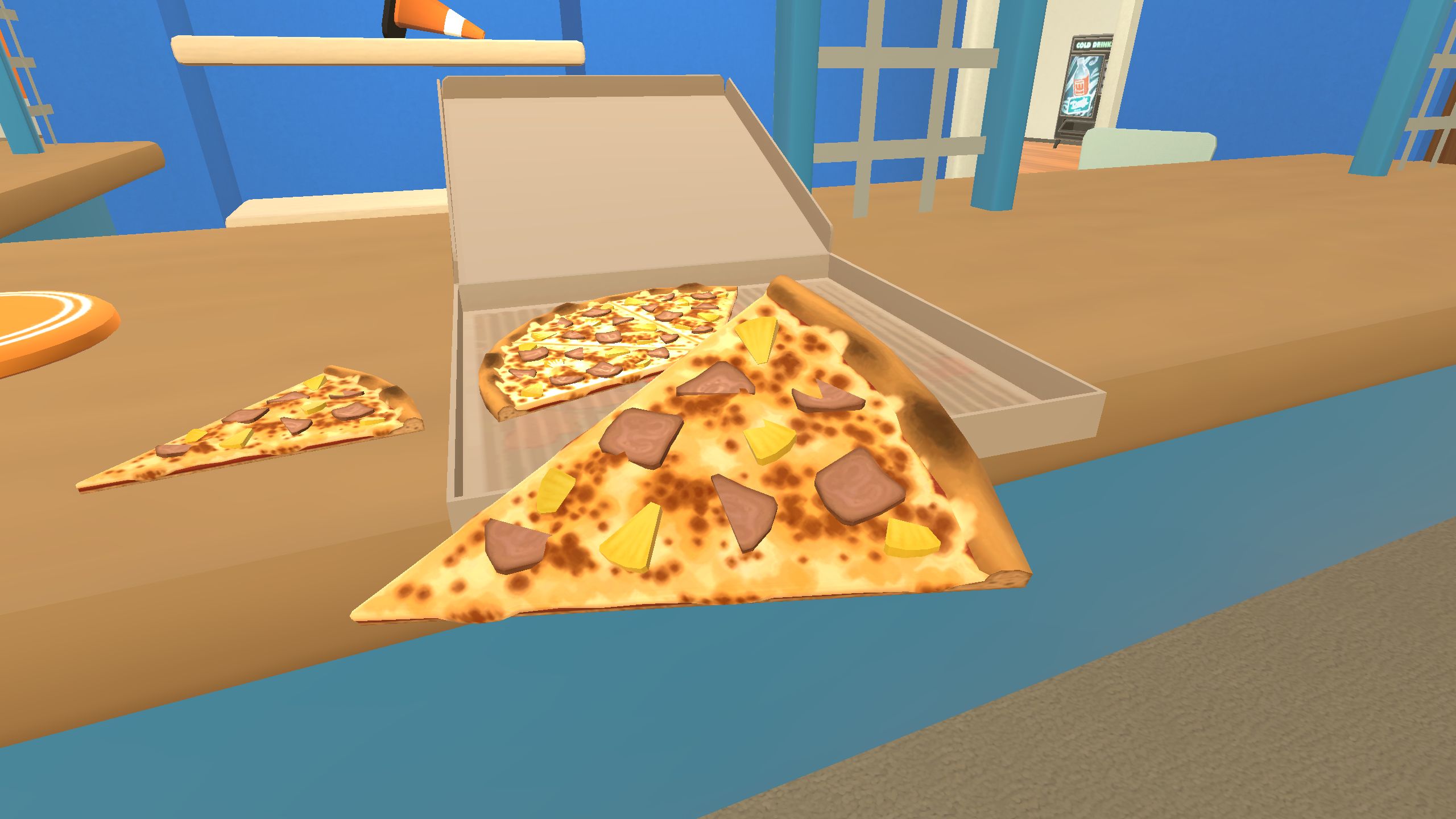Dans un univers virtuel, une part de pizza sort de sa boîte