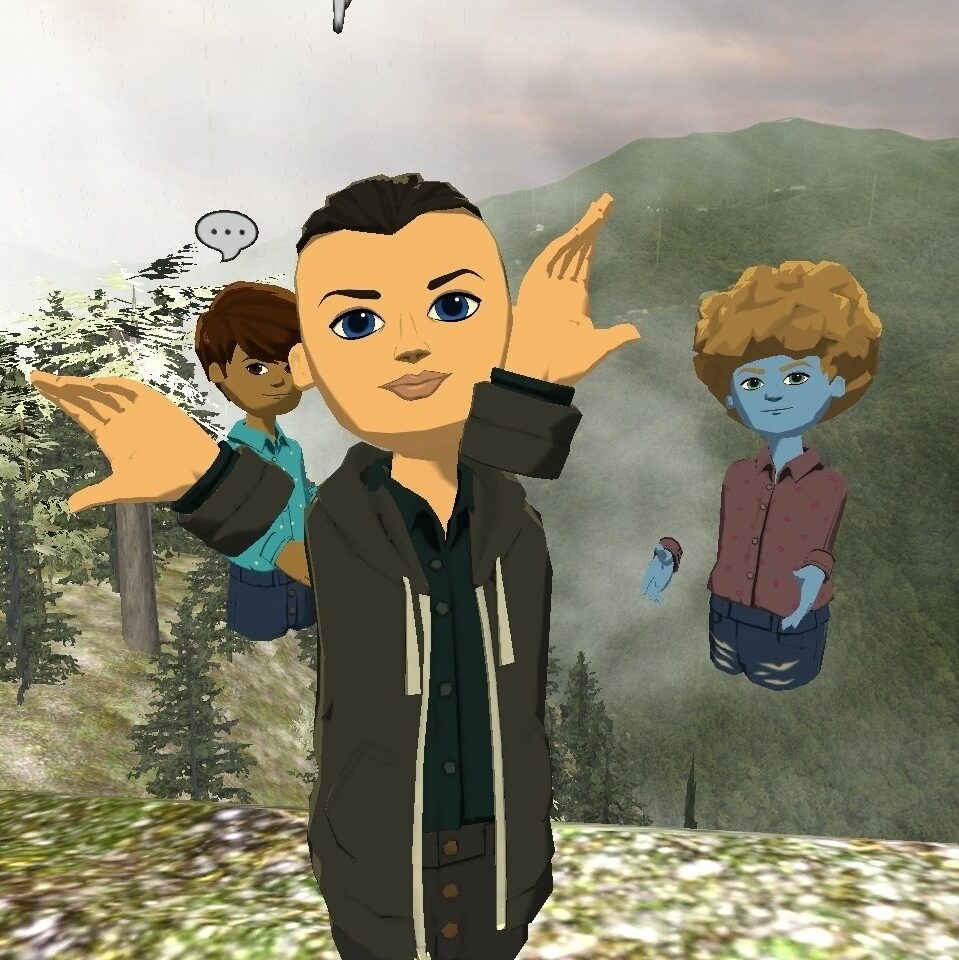 Trois avatars posent dans un paysage de montagne